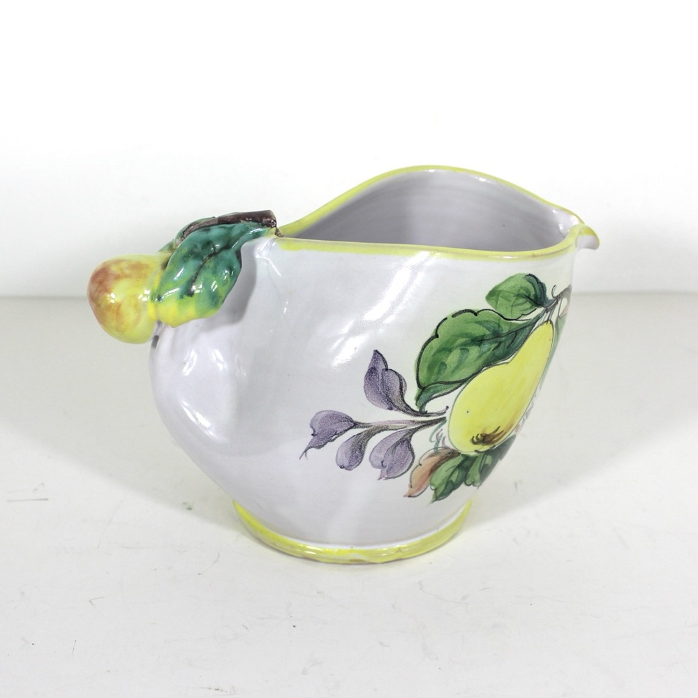 Vintage Hand Painted Italian Ceramic Pitcher, Jug, Vase, White with Yellow Pear